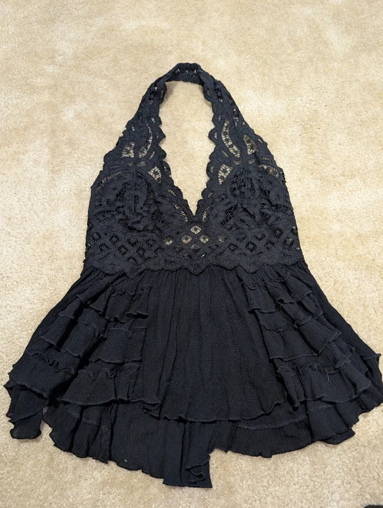 Free People Adella Halter Cami Halter Tank Top Black Lace Ruffled Size M - Picture 4 of 9